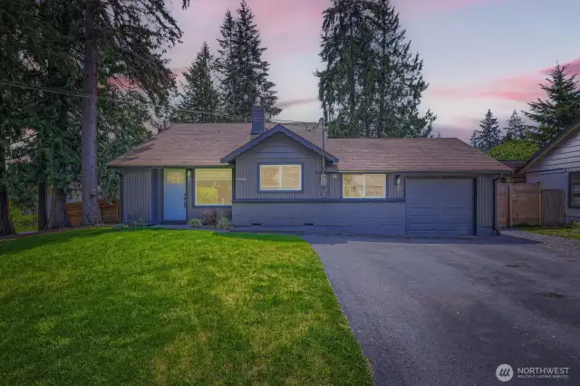 A sunset view from the front of the home.