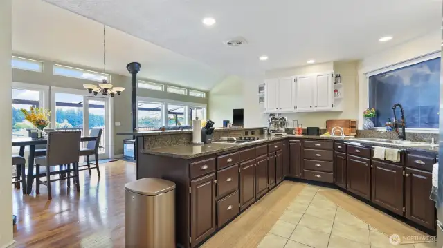 Kitchen with lots of storage and lake views.