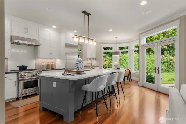 Beautifully re-designed kitchen with island seating.