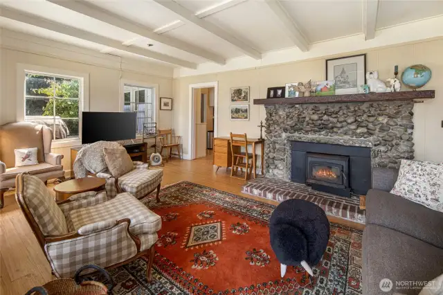 The farmhouse living room with wood stove.