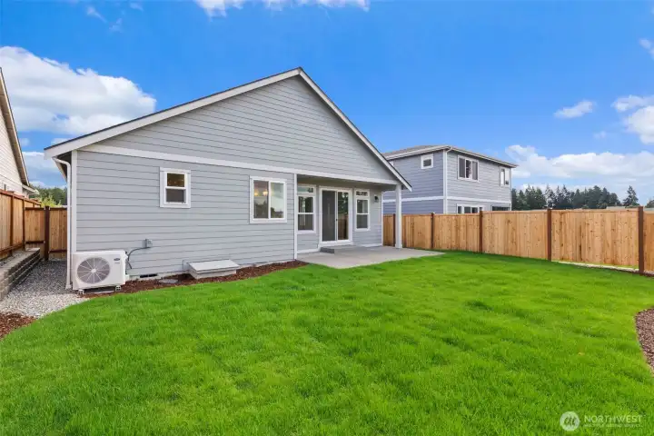 Fully landscaped backyard with privacy fencing, patio and easy access to front yard through side gate