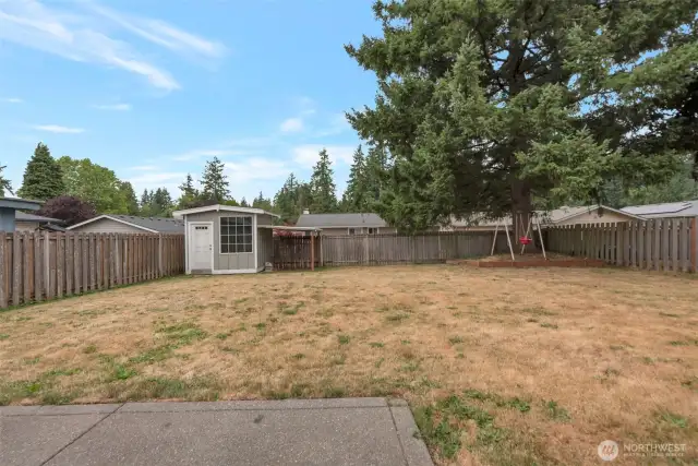 Large fully fenced backyard with a good sized outbuilding.