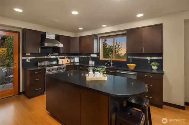 Chef's kitchen to awaken the culinary senses. Subzero Refrigerator, black granite countertops, built-in Sharp Microwave, Viking Gas Range, Jenn-Air Dishwasher, Pantry with Custom Built-ins and Wine Refrigerator.