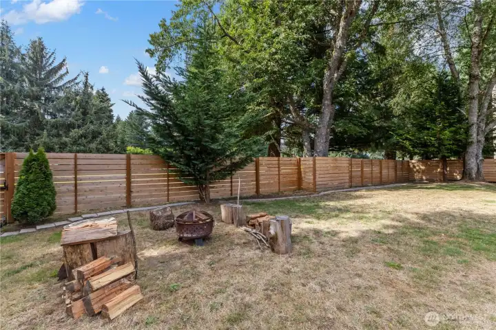 Firepit enclosed in fully fenced backyard