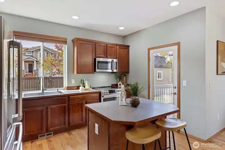 Another view of the kitchen, island and door to the back deck and back yard.