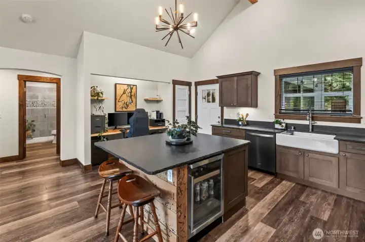 Creative use of space with the office nook nestled within the kitchen/great room.