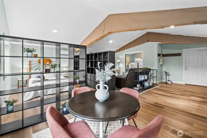 The natural light enhances the open and airy concept of the space.