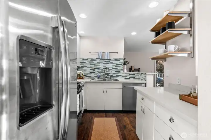 The kitchen as viewed from the dining room.