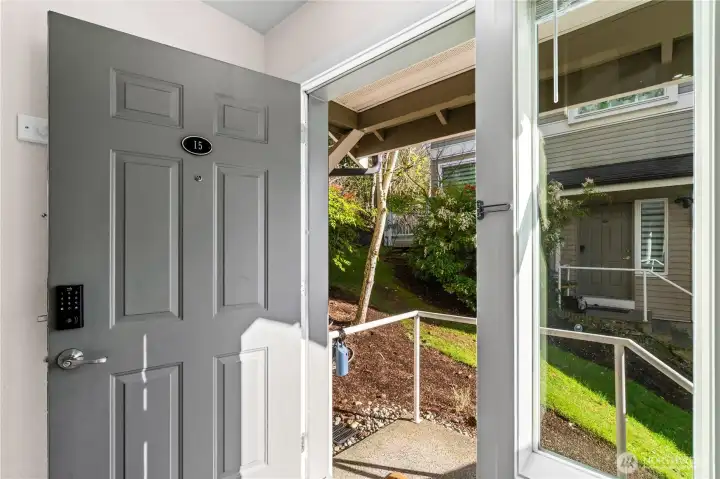 The entry is split, with the option of going downstairs to the garage or upstairs to the main floor.