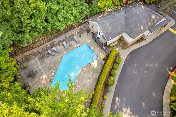 A view from above; the pool, lounge chairs and cabana can be seen. To the right (out of frame) is the guest parking.