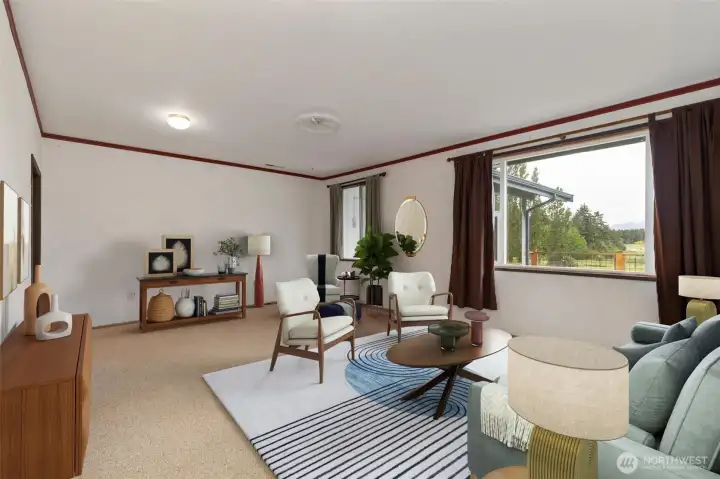 Staged living room- set well away from bedrooms-