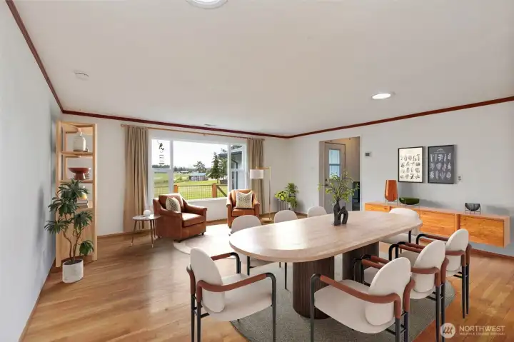 Looking back from the kitchen toward the dining area and pastures