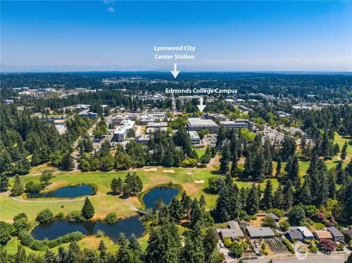 Drone Shot From Above the House Showing Proximity to Lynnwood Light Rail Station & Edmonds College Campus