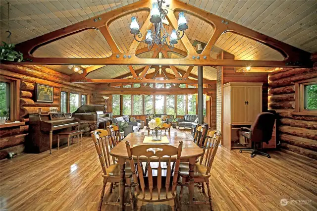 Great room with stunning wood beams.