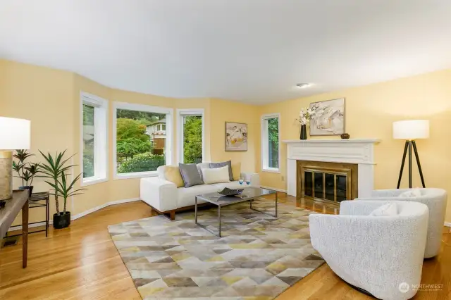 Living room with gas-burning fireplace.