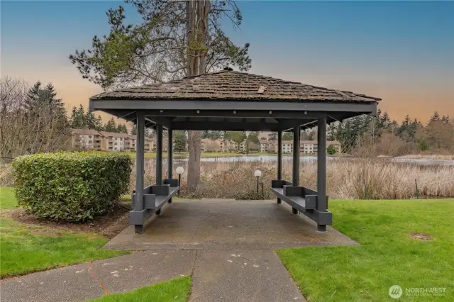 Common Area - Seated Area by Lake, Right Next to C Building