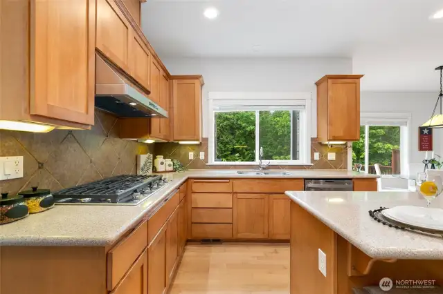 Brand NEW Samsung gas cooktop & vent hood highlighted by stylish tiled backsplash.