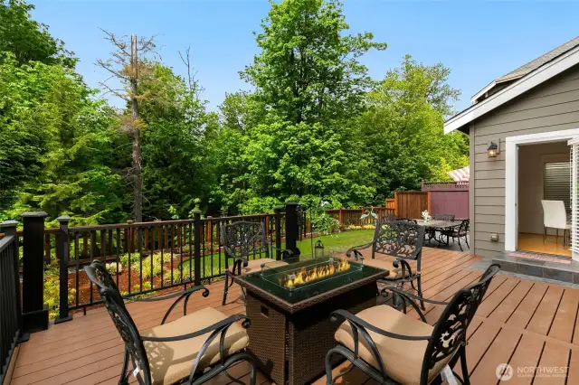 A serene backyard sanctuary w/ seamless indoor-outdoor flow, showcasing expansive composite deck & tiled patio.