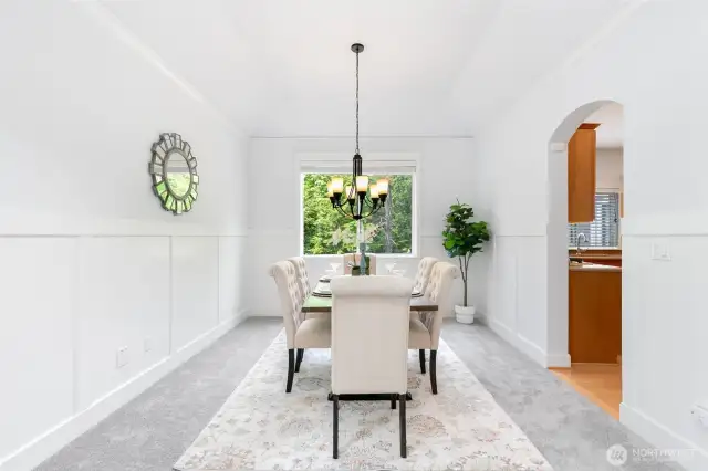 Vaulted Ceiling in formal dining room with gorgeous greenbelt view.