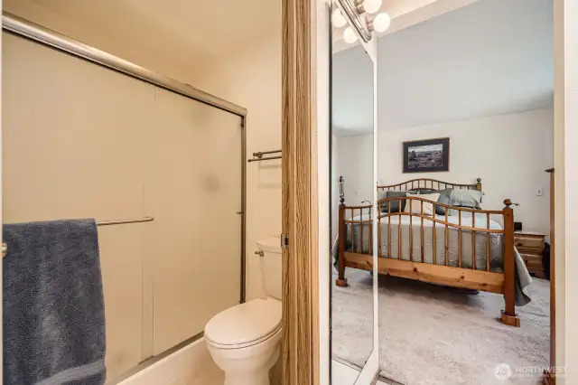 Main bathw/ view of bedroom