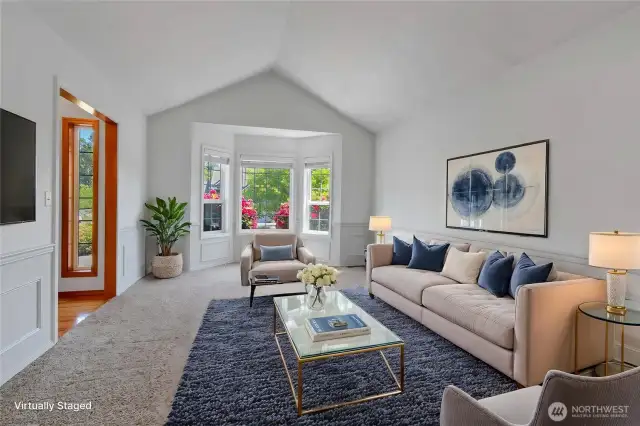 Living room with bay window.