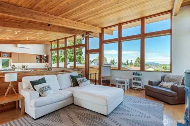 Open living for ease of flow. Custom top down/bottom up window coverings.