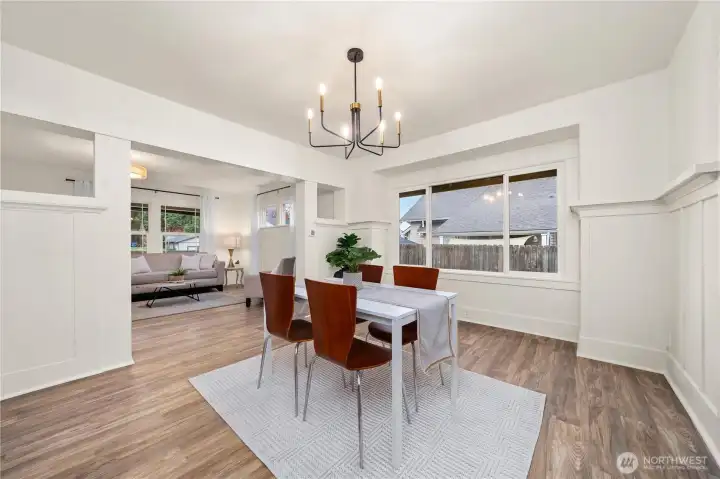 Dining Room with new lighting blends old and new