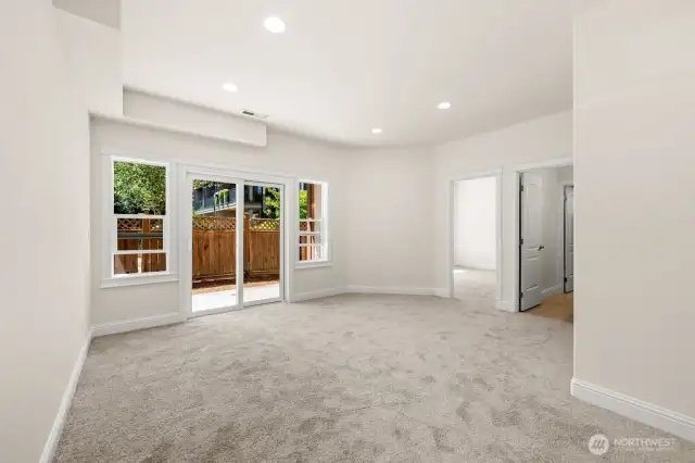 Lower level bonus/flex room with the sliding door to the patio.