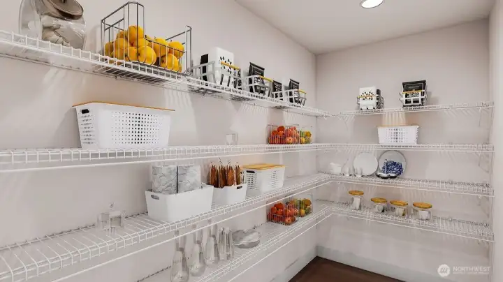 Large walk-in pantry. For marketing purposes only. Colors and features may vary.