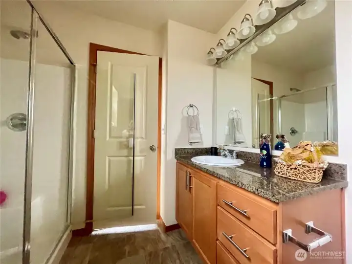 Primary bathroom with walk in shower and closet