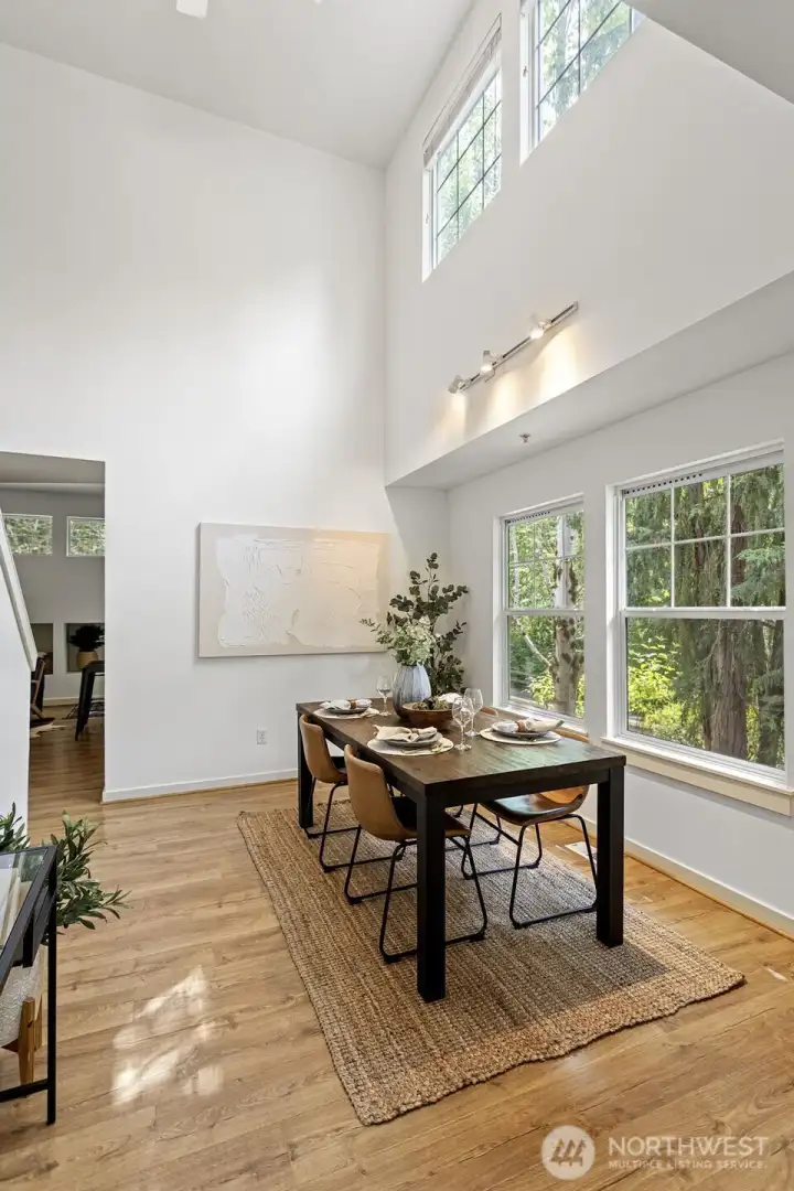 High ceiling entry and dining room