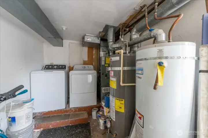 Basement shared laundry space and storage.