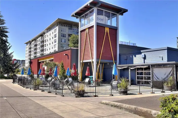 the Fish Peddler restaurant is minutes out your door. Although not visible here, to the right is a new park with playground - an especially big attraction during our warm summer days ahead.