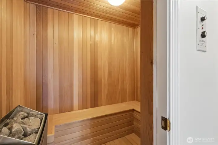 Sauna on lower level. Sauna on lower level.