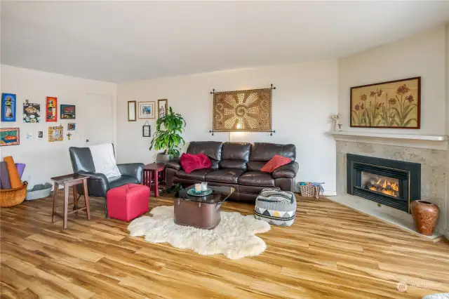 Open living room with gas fireplace for cozy winter nights. Door to utility room in far corner.