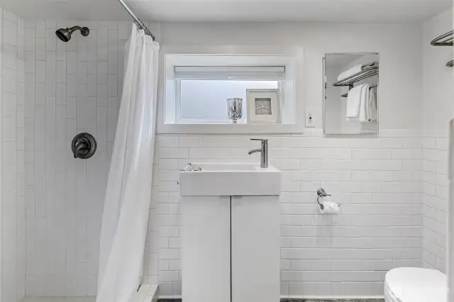 The 3/4 bathroom found in the lower level.