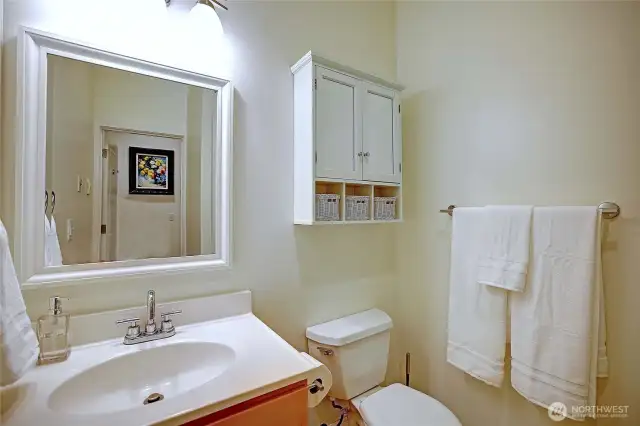 Guest bathroom off of the guest bedroom also comes with heated floors.