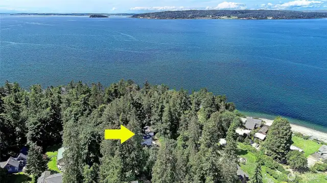Aerial view showing the proximity to the water out to the West, overlooking Whidbey Island.