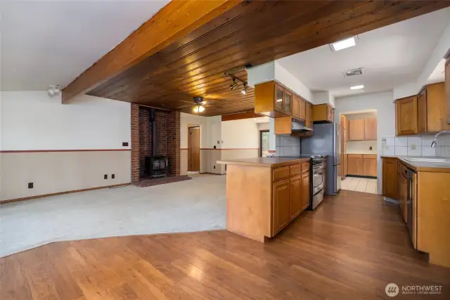 Kitchen opens to living room