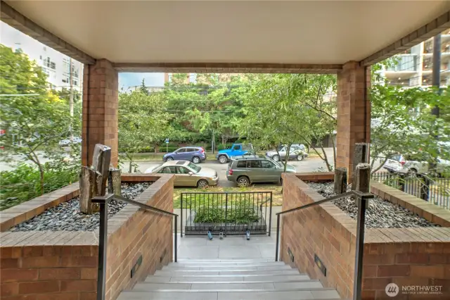Welcoming entrance with fountains