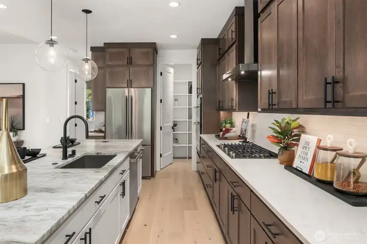 Stunning gourmet kitchen double stacked cabinets, quartz counter perimeter and dolomite island