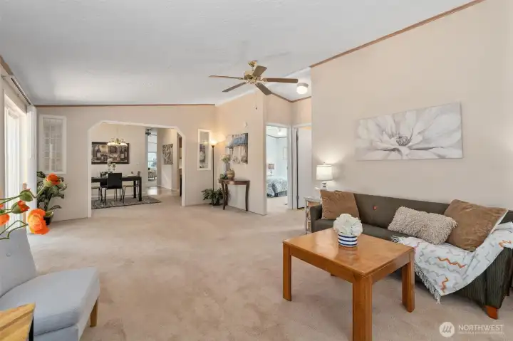 Family room with ceiling fan