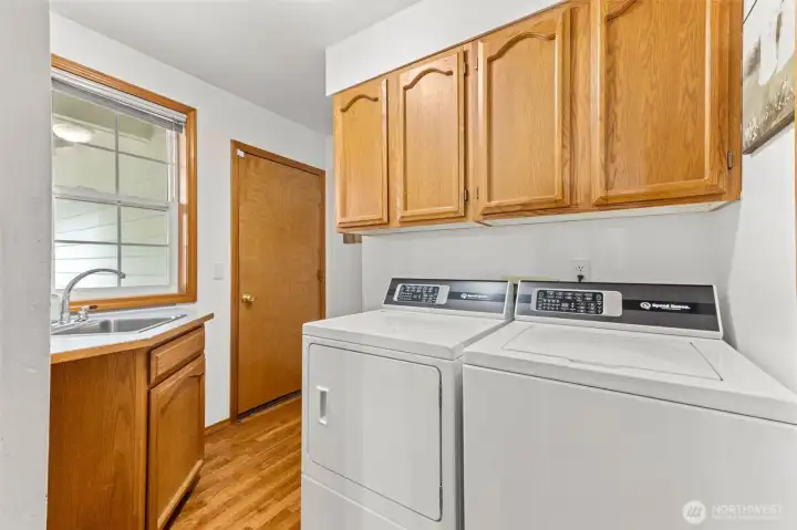 Laundry room with sink and storage.