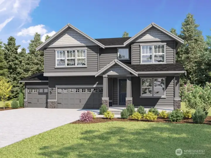 Final three car garage Caslon layout in North Bend. Photo rendering is representational and may be virtually staged. Actual home is under construction and finishes, elevation, and paint colors may vary. See site agent for details.