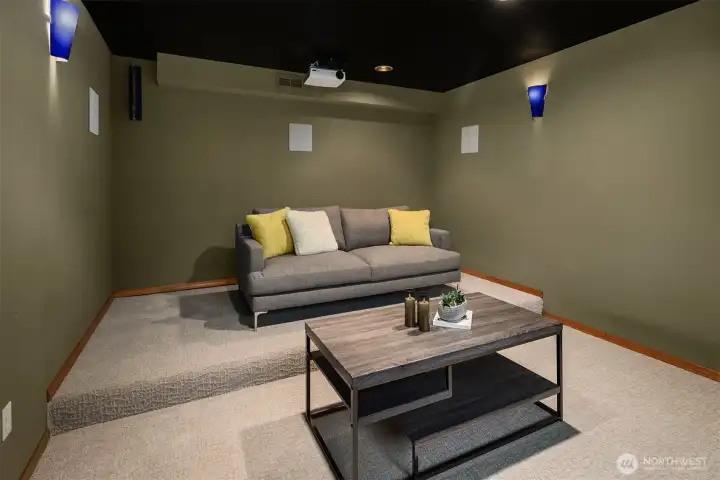 Theater room or bonus room with projector and automatic screen.