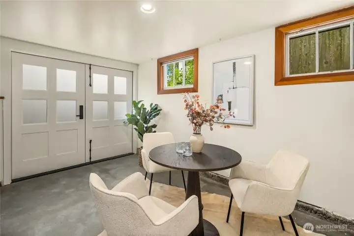 One car garage features fir trim, dry wall, a custom door and polished concrete floors. Park a car or work from home! One car garage features fir trim, dry wall, a custom door and polished concrete floors. Park a car or work from home!