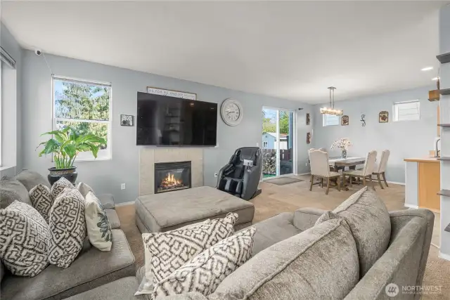 Relax with privacy windows and a warm gas fireplace.