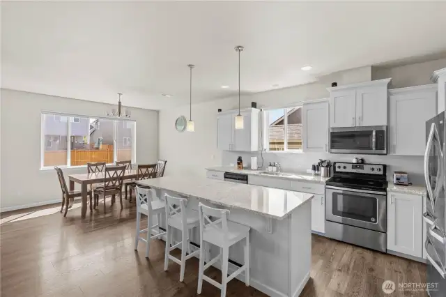 View of kitchen and dining area.
