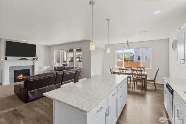 View from kitchen, overlooking the bar space, living room and dining area.