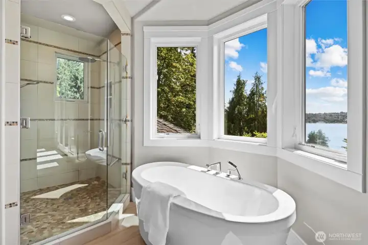 Shower & standalone tub alongside bay window
